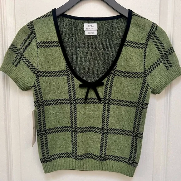 RVCA‎ XS Leaf Green Plaid Crop Sweater Betty Top Short Sleeve Grunge NWT - Picture 4 of 12
